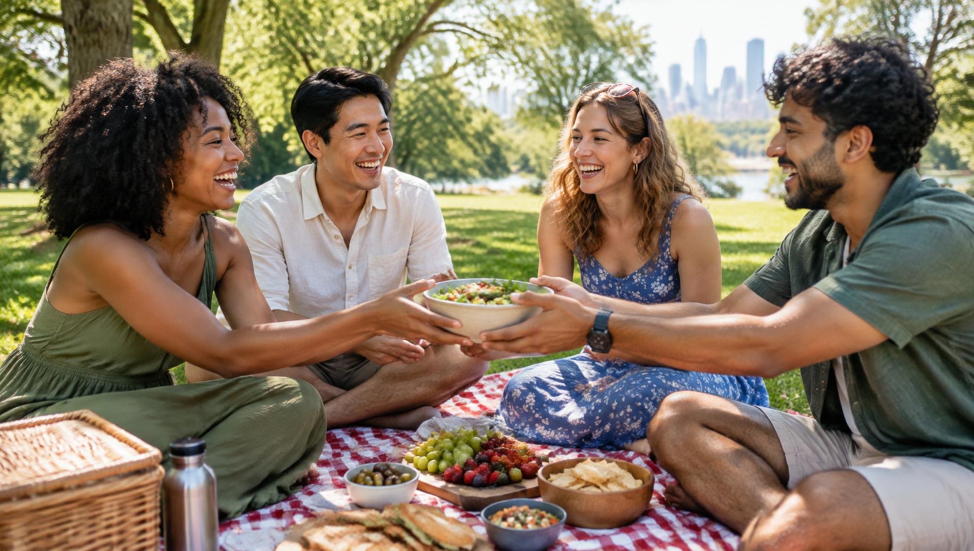 Friends spending time together at a park picnic